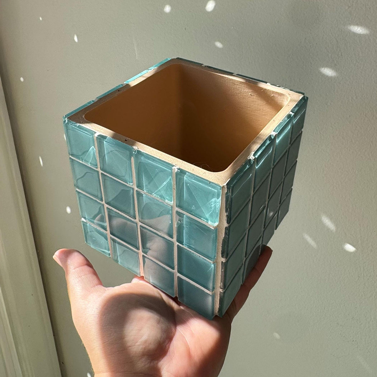 Handcrafted Teal Mosaic Tile Planter | Modern Boho Indoor Pot with Drip Tray