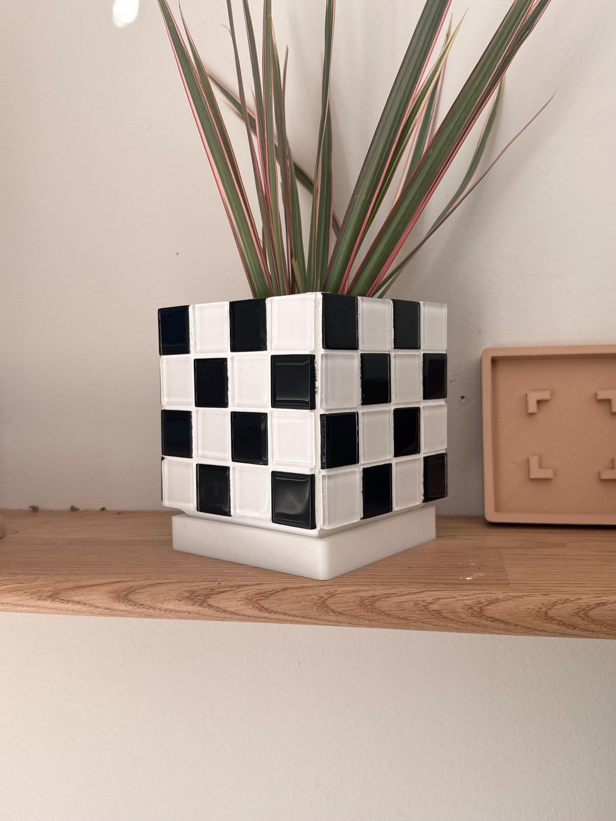 Handcrafted Black and White Tile Planter | Modern Geometric Pot with Drip Tray