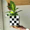 Handcrafted Black and White Tile Planter | Modern Geometric Pot with Drip Tray