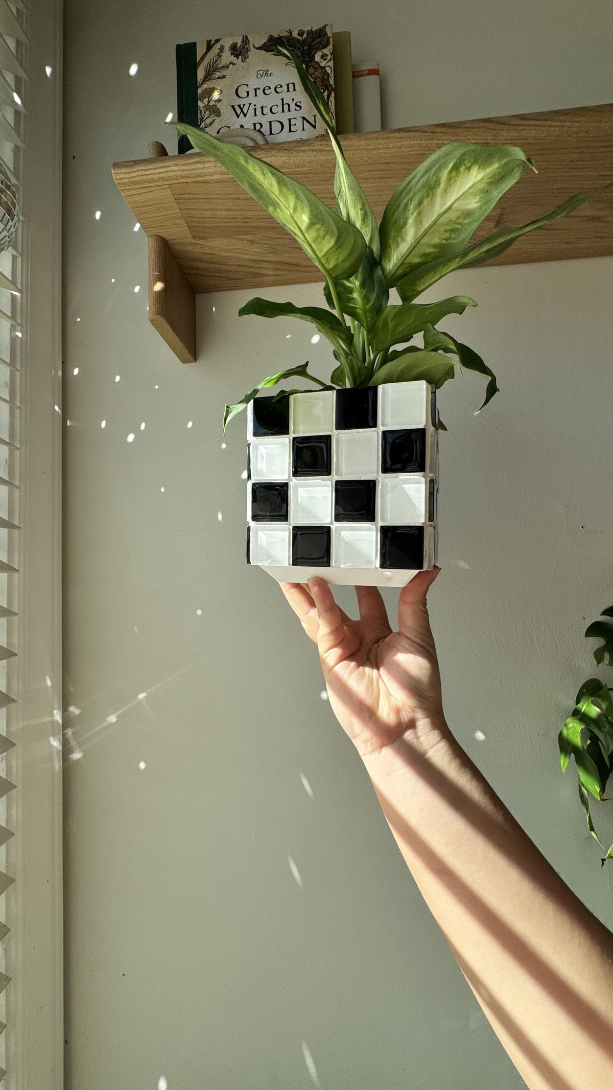 Handcrafted Black and White Tile Planter | Modern Geometric Pot with Drip Tray