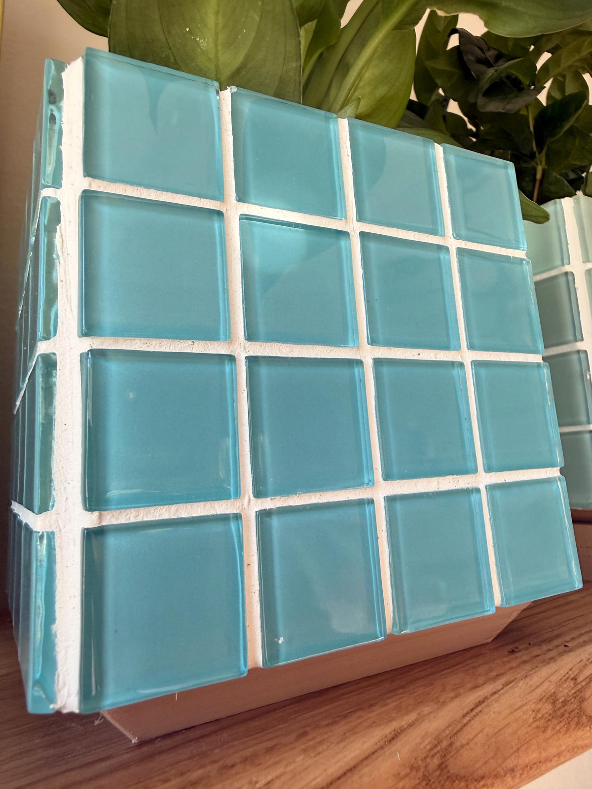 Handcrafted Teal Mosaic Tile Planter | Modern Boho Indoor Pot with Drip Tray
