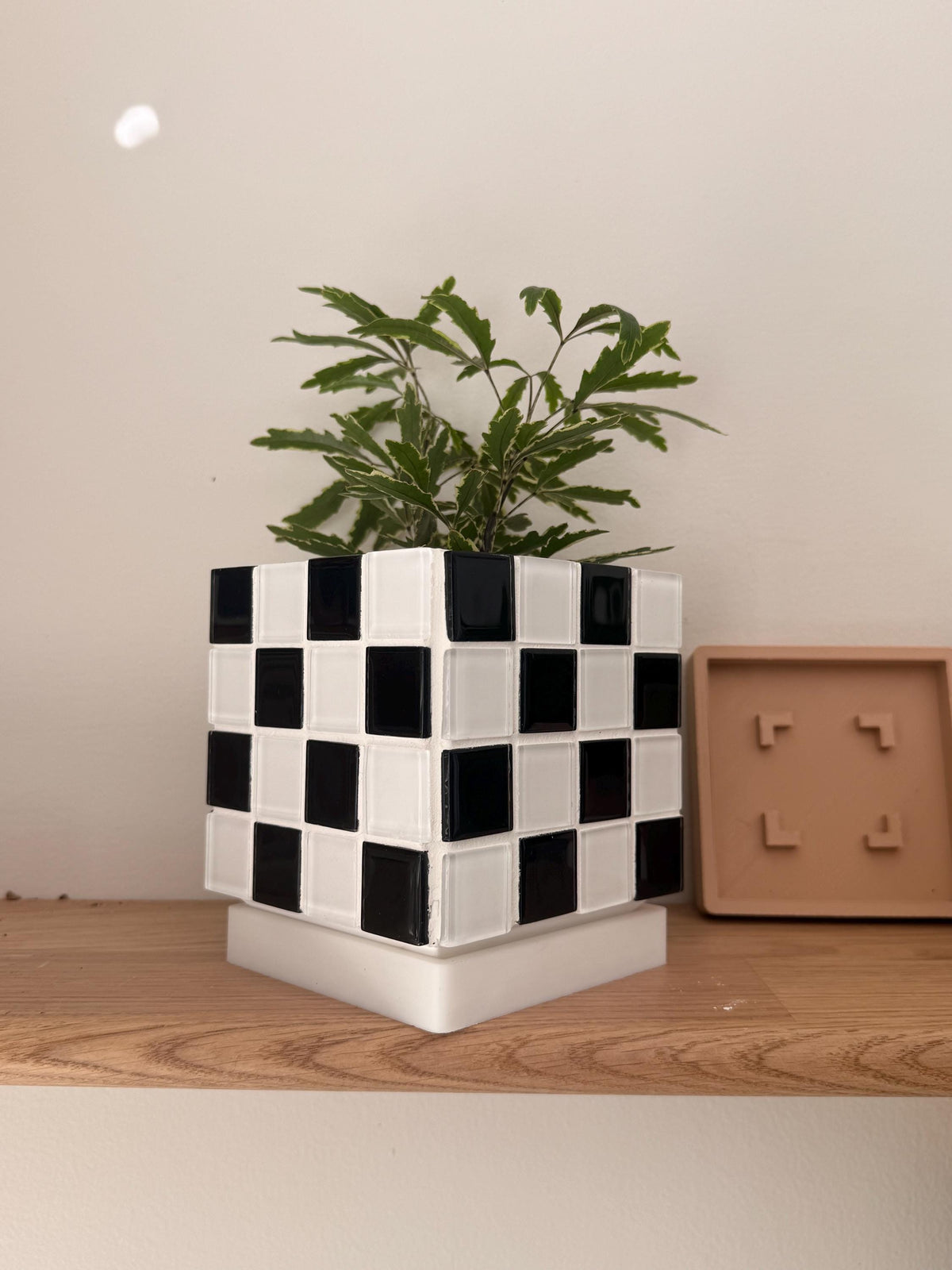 Handcrafted Black and White Tile Planter | Modern Geometric Pot with Drip Tray