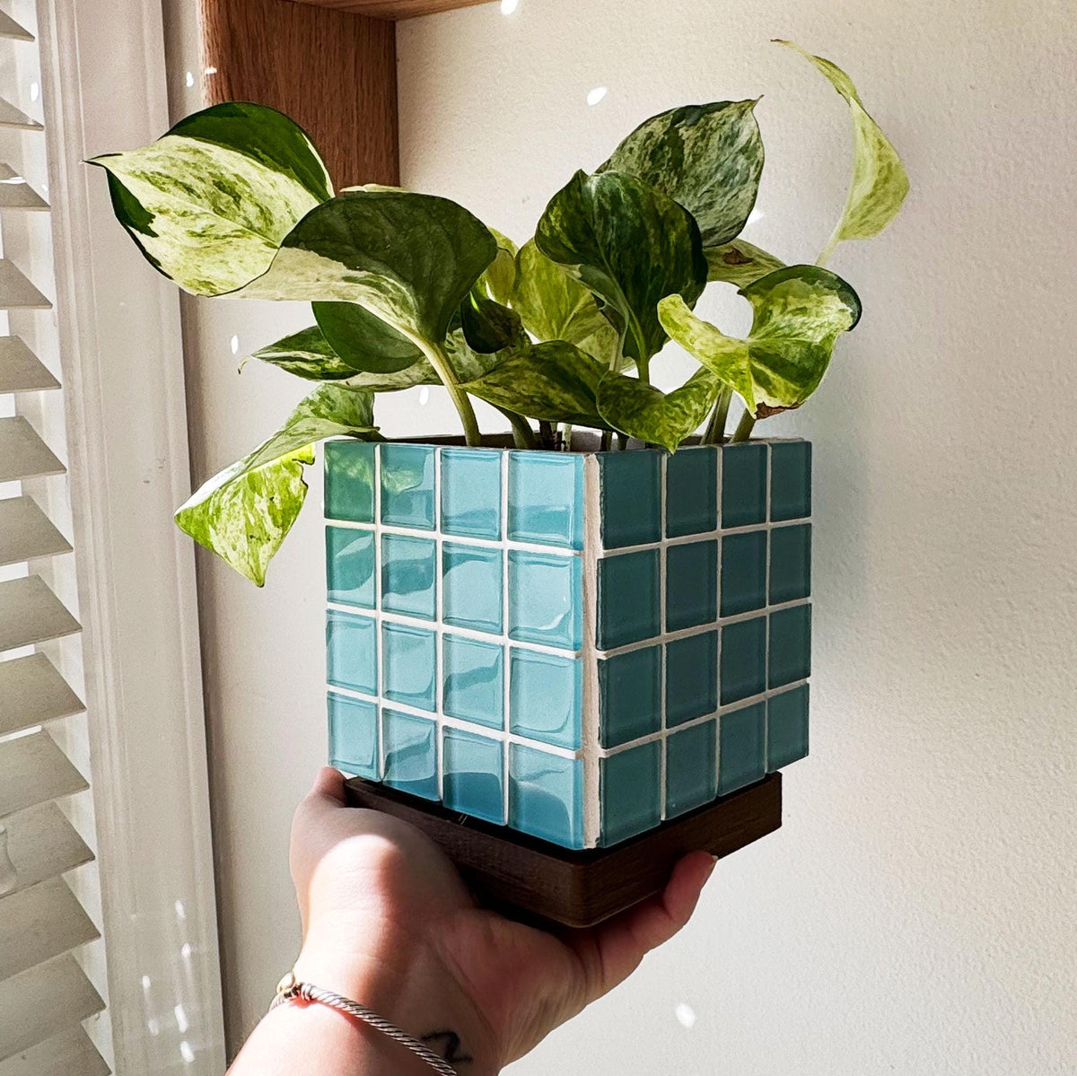 Handcrafted Teal Mosaic Tile Planter | Modern Boho Indoor Pot with Drip Tray