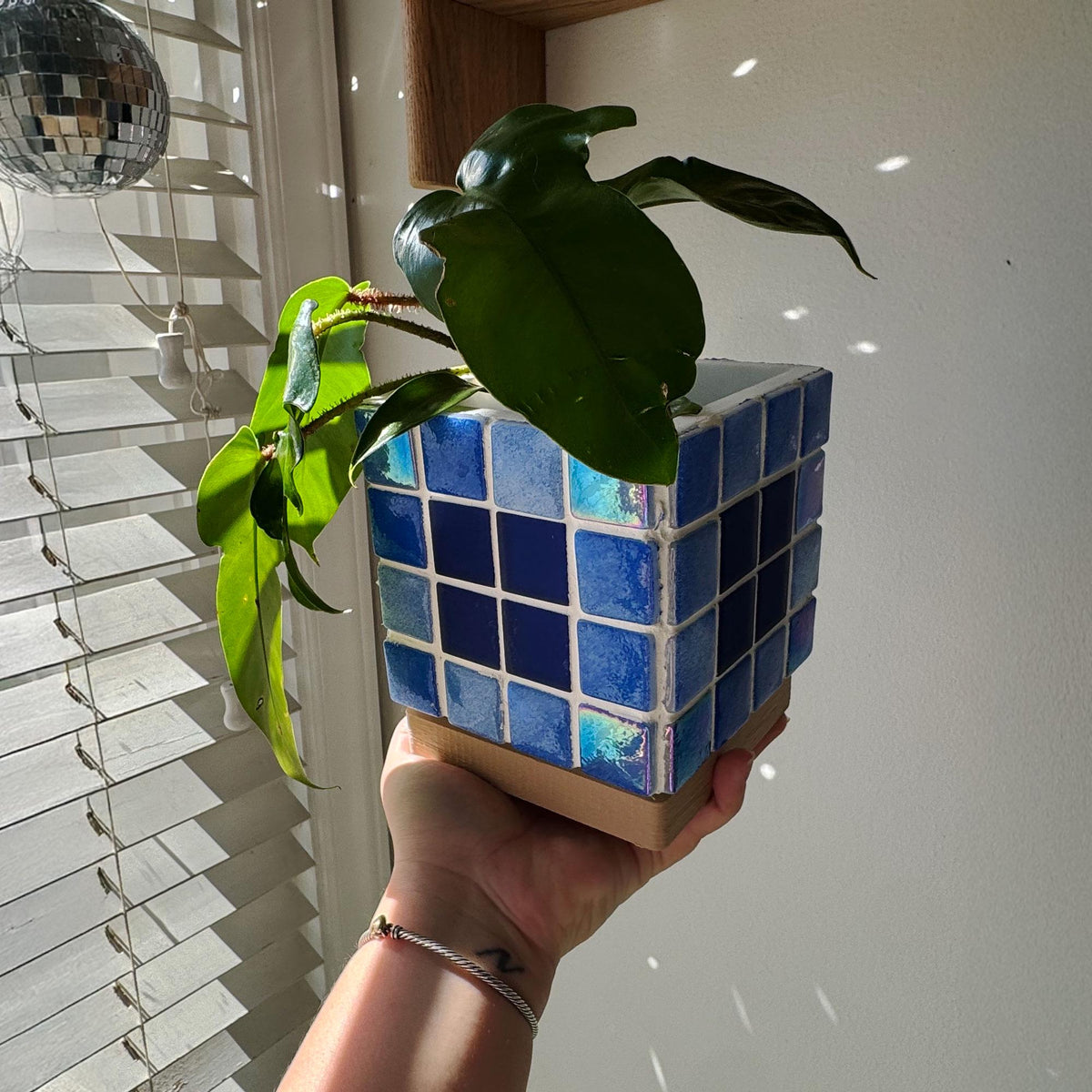 Mosaic Tile Planter with Drip Tray | Blue  | Modern Boho Plant Pot | Indoor Planter Gift