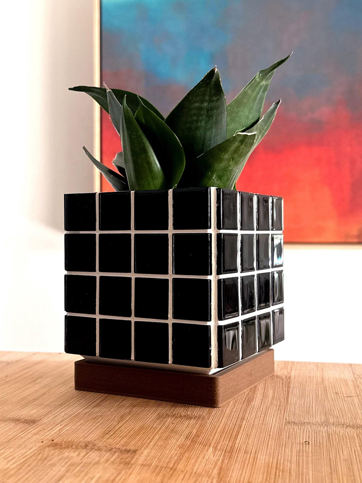 Black Mosaic Tile Planter with Drip Tray | Mid-Century Modern Plant Pot