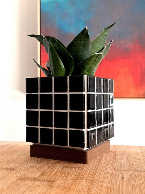 Black Mosaic Tile Planter with Drip Tray | Mid-Century Modern Plant Pot