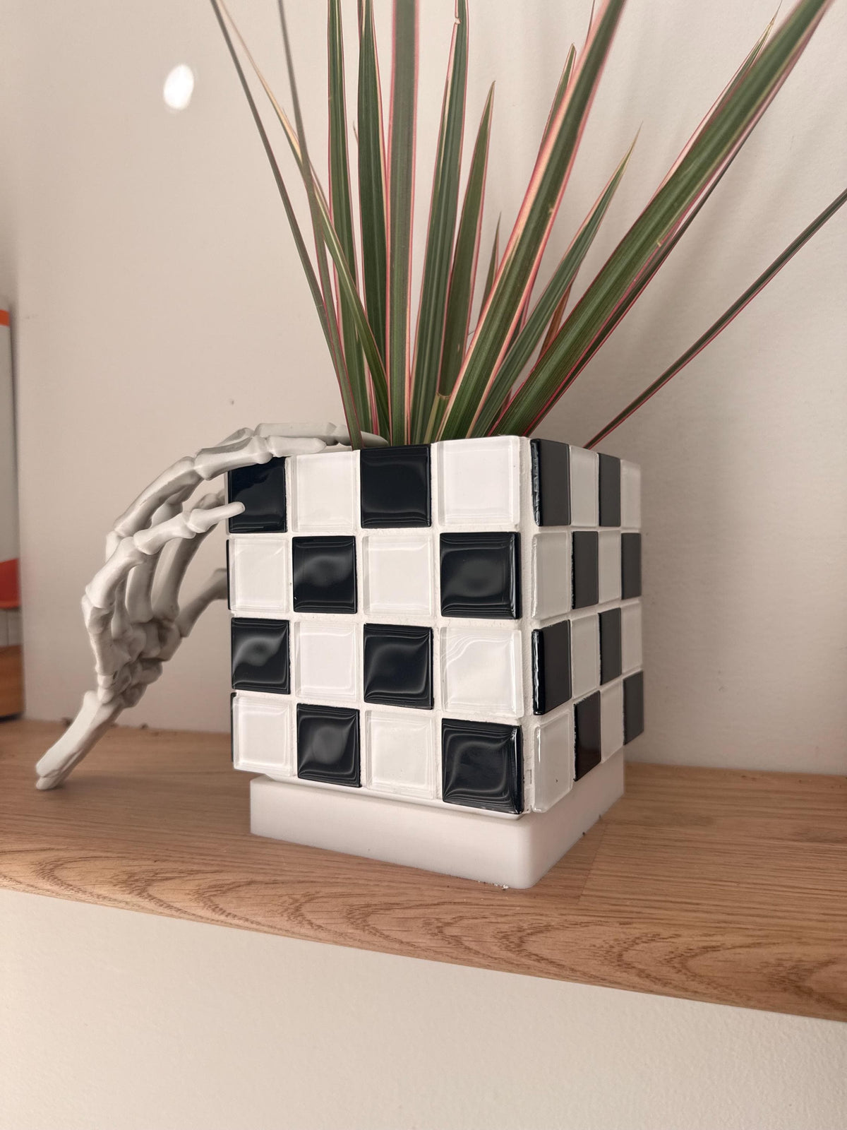 Handcrafted Black and White Tile Planter | Modern Geometric Pot with Drip Tray