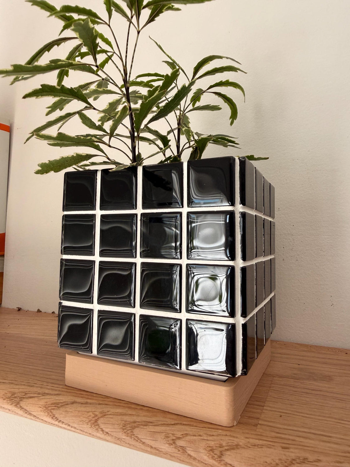 Black Mosaic Tile Planter with Drip Tray | Mid-Century Modern Plant Pot