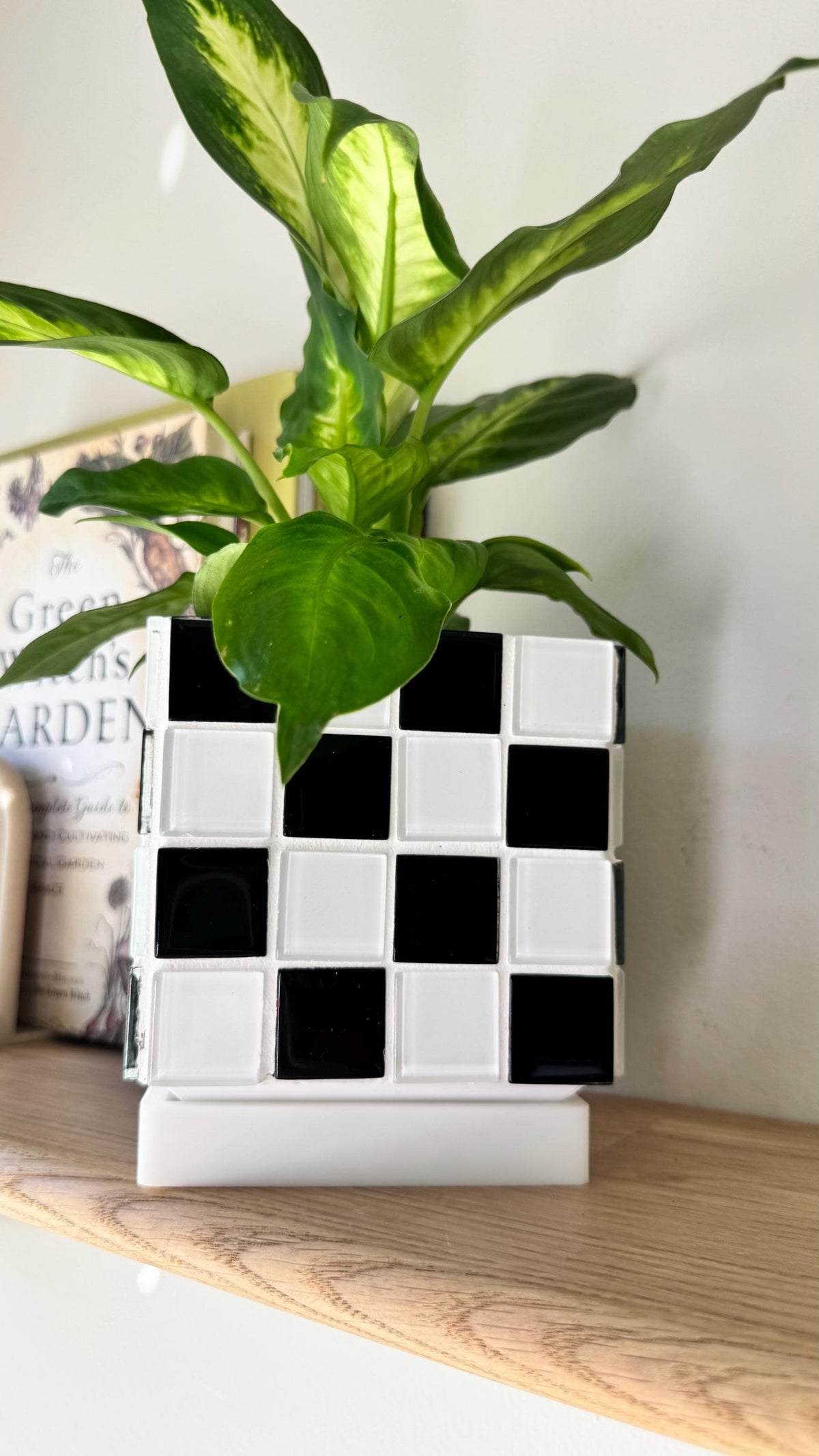 Handcrafted Black and White Tile Planter | Modern Geometric Pot with Drip Tray