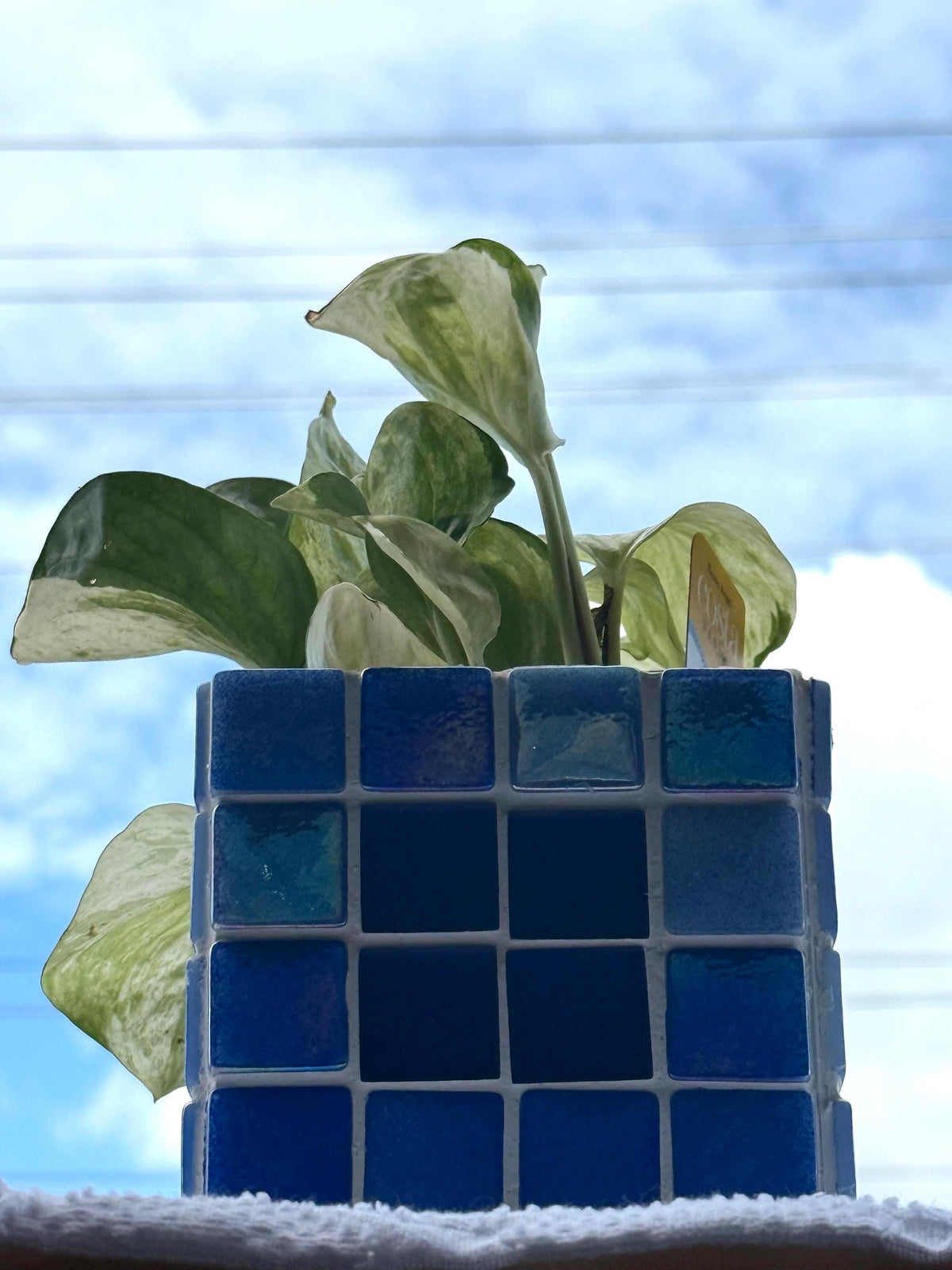 Mosaic Tile Planter with Drip Tray | Blue  | Modern Boho Plant Pot | Indoor Planter Gift