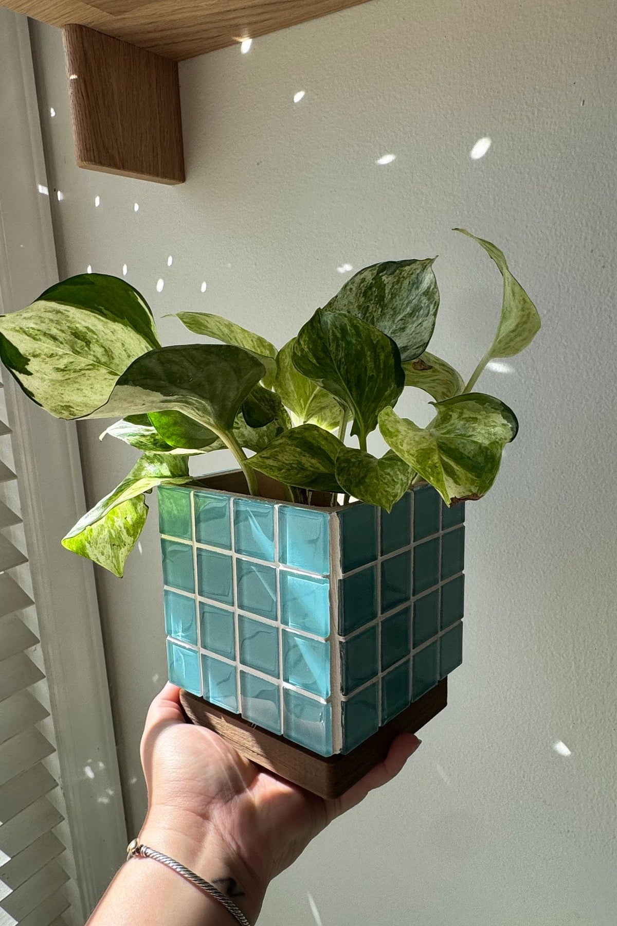 Handcrafted Teal Mosaic Tile Planter | Modern Boho Indoor Pot with Drip Tray