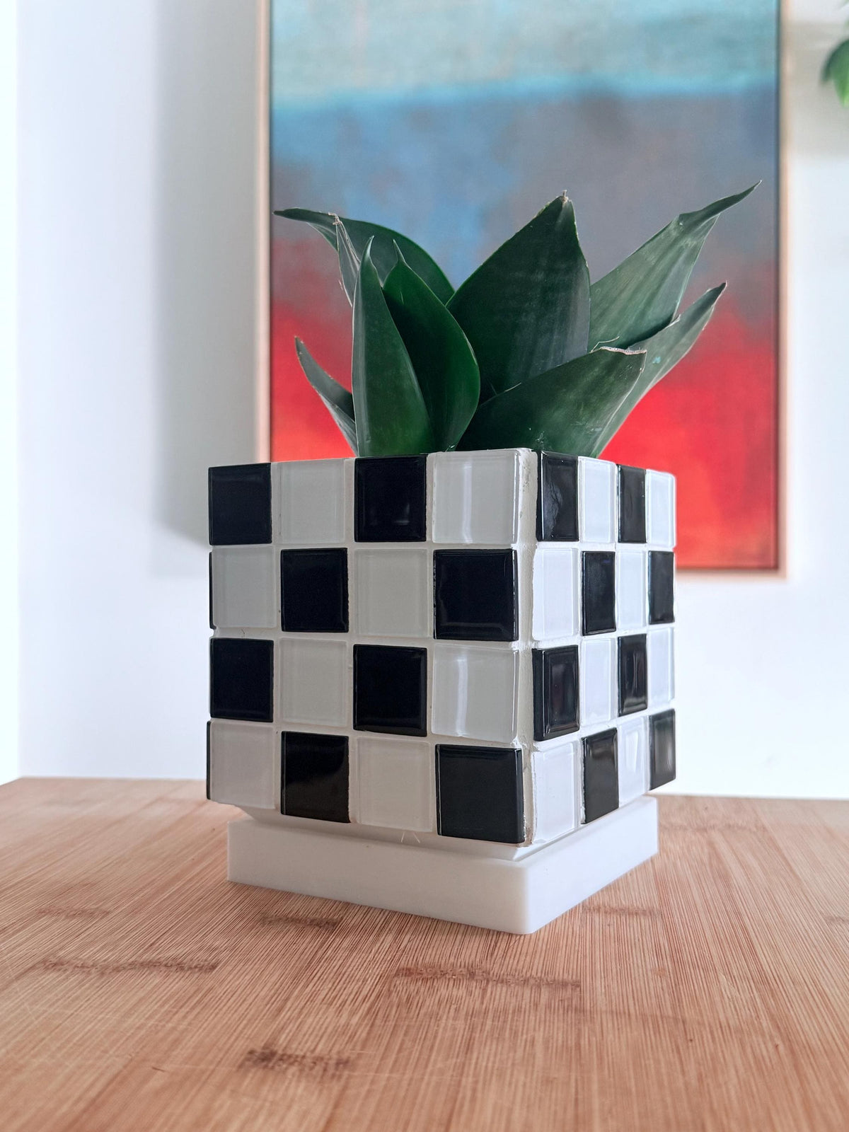 Handcrafted Black and White Tile Planter | Modern Geometric Pot with Drip Tray