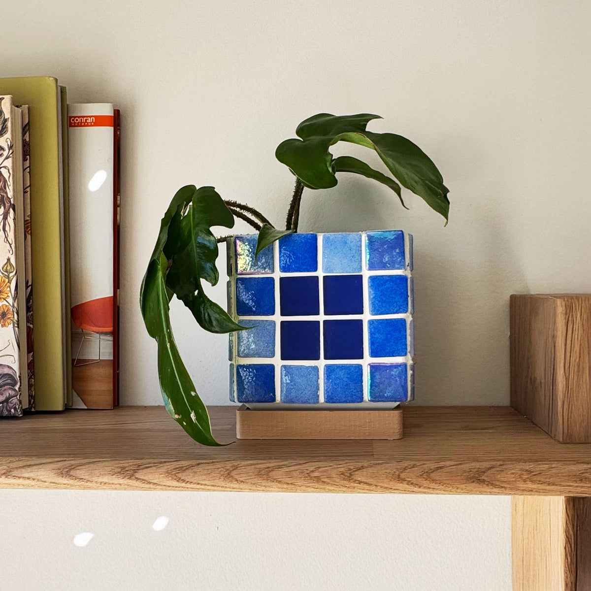 Mosaic Tile Planter with Drip Tray | Blue  | Modern Boho Plant Pot | Indoor Planter Gift