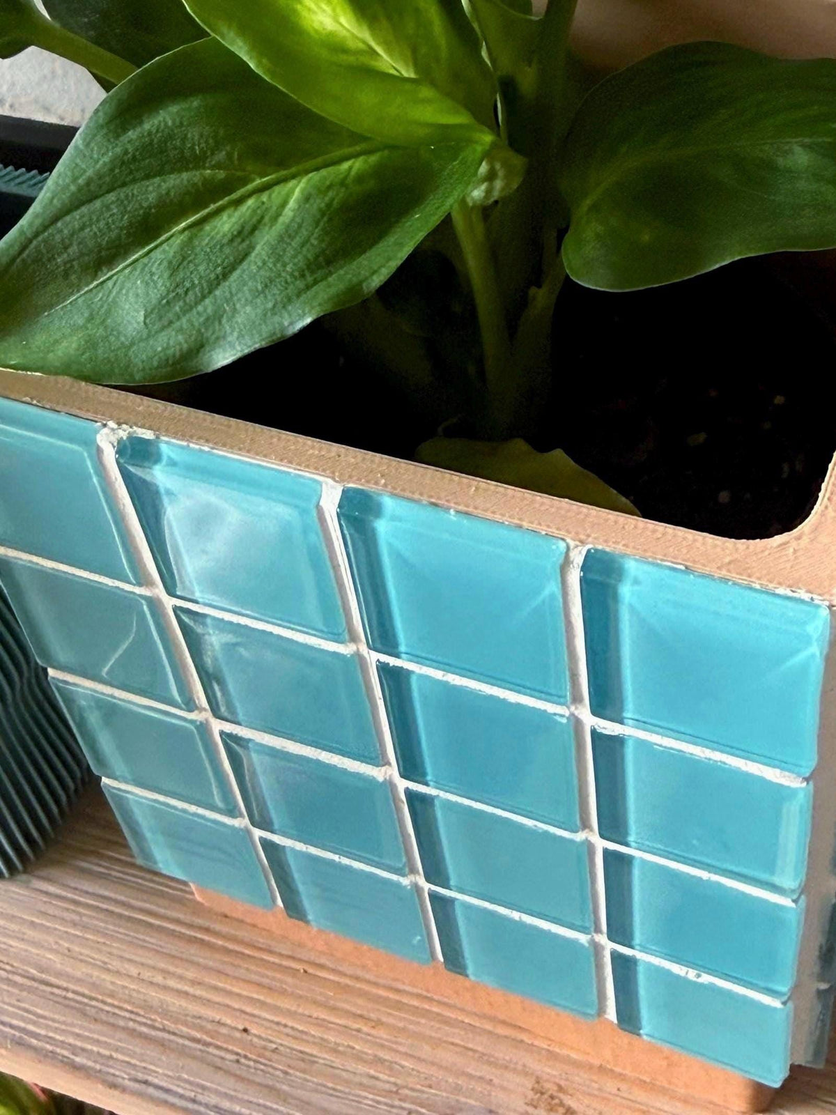 Handcrafted Teal Mosaic Tile Planter | Modern Boho Indoor Pot with Drip Tray