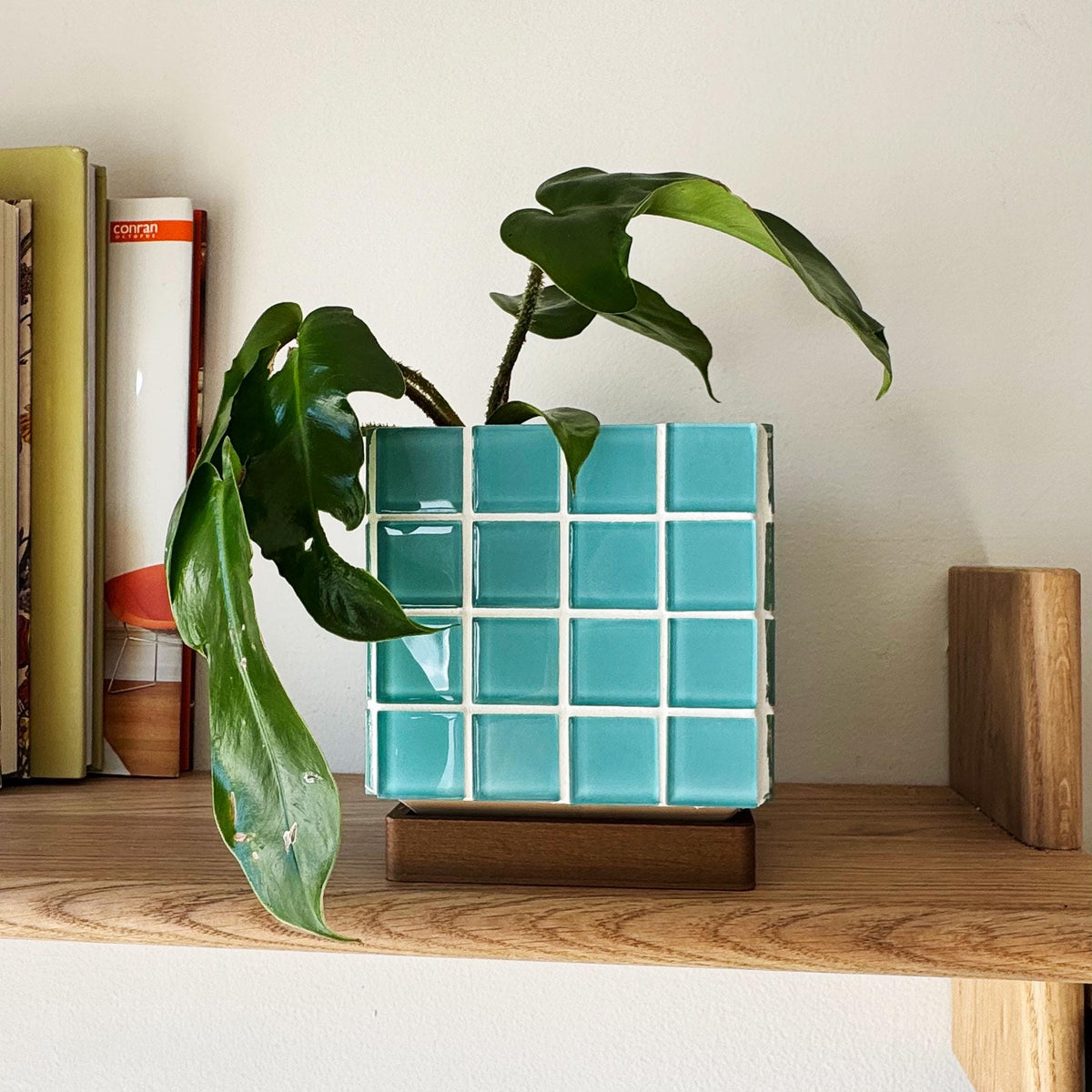 Handcrafted Teal Mosaic Tile Planter | Modern Boho Indoor Pot with Drip Tray