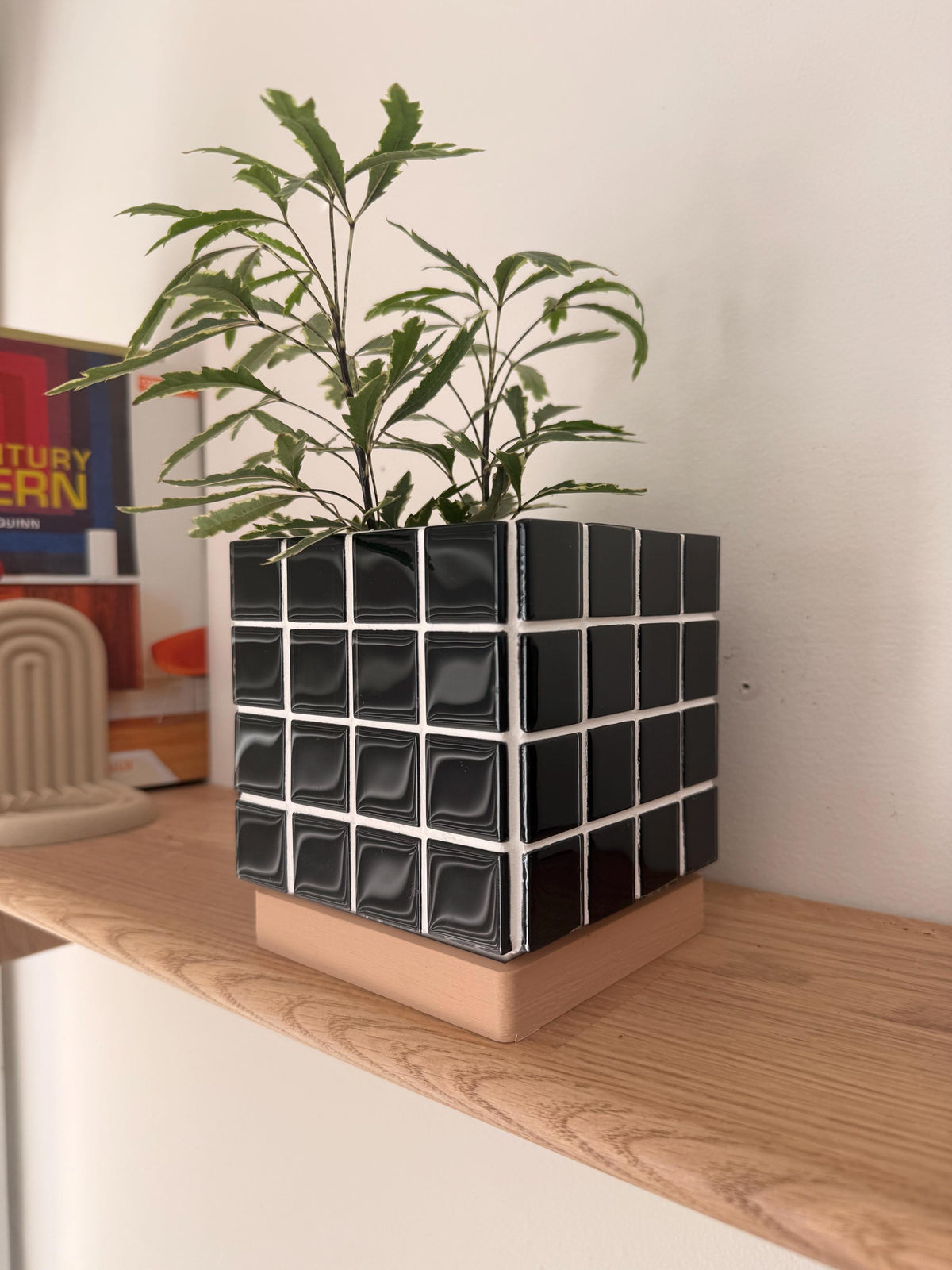 Black Mosaic Tile Planter with Drip Tray | Mid-Century Modern Plant Pot