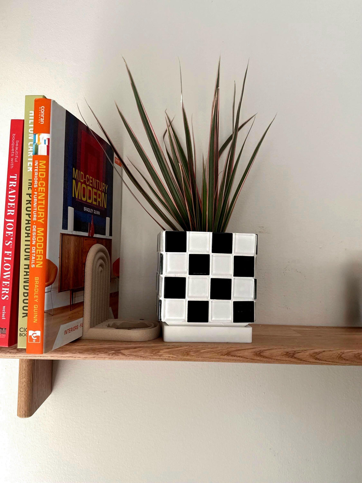 Handcrafted Black and White Tile Planter | Modern Geometric Pot with Drip Tray